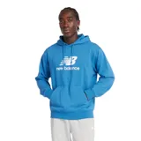 Canguro azul con capucha ajustable con cordones, bolsillo tipo canguro y logo de New Balance estampado en blanco en el pecho.