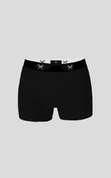 Boxer de color negro con cintura elástica ancha que presenta un estampado repetitivo de pequeñas tijeras blancas.