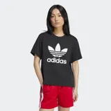 Remera Adidas negra de corte holgado con logo del trifolio estampado en blanco.