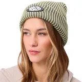 Gorro de lana tipo beanie con diseño de rayas verticales en tonos verde y gris, con parche frontal de la marca Rusty.
