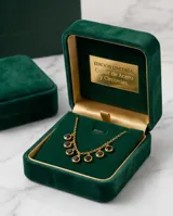 Collar de acero con baño de oro, compuesto por una cadena fina y ocho dijes circulares con circonias negras engastadas en un reborde dorado.