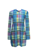 Vestido corto ajustado de manga larga con estampado escocés en tonos azul, amarillo, naranja y violeta.