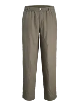 Pantalón chino de lino color verde oliva, corte clásico, con cierre de cremallera.