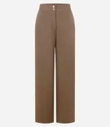 Pantalón wide leg color marrón claro, de tiro alto, con cierre tradicional y doble botón en la cintura.