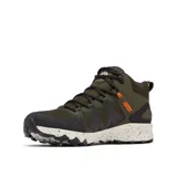 Bota de senderismo Columbia Peakfreak II Mid Outdry, color verde oliva con detalles en negro y naranja. Presenta tecnología impermeable OutDry, sistema de ajuste Navic Fit y entresuela TechLite+ para mayor amortiguación. Suela Adapt Trax con tracción superior y diseño de altura media para soporte en el tobillo.