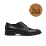 Zapato de vestir tipo derby para hombre, confeccionado en cuero negro con cordones y costura frontal decorativa.