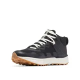Championes de senderismo Columbia Facet 75 Mid OutDry, color negro con detalles en blanco y suela color caramelo. Diseño de caña media con tecnología impermeable, sistema de ajuste Navic Fit, amortiguación TechLite Plush y suela Adapt Trax con tacos de 5 mm para mayor tracción.