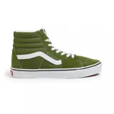 Championes Vans modelo SK8-HI de caña alta, color verde oliva con detalles en blanco. Presentan el diseño clásico de la marca con la banda lateral característica, confeccionados en una combinación de lona y gamuza, con suela de goma vulcanizada.