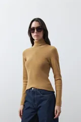 Polera de manga larga y cuello alto, confeccionada en tejido de punto fino, con un ajuste ceñido al cuerpo.