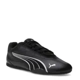 Championes Puma modelo Catch Soleil, color negro con detalles en plateado. Presentan un diseño estilizado y aerodinámico con el logo de la marca en el lateral y la puntera.