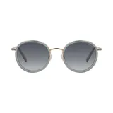 Lentes de sol Azzaro con montura redonda dorada y celeste, y lentes grises degradadas.