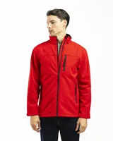 Campera azul marino de poliéster, tipo softshell, con cuello alto y cierre frontal. Cuenta con bolsillos laterales con cierre y un bolsillo vertical en el pecho. No tiene capucha.