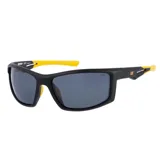 Lentes de sol deportivos Caterpillar con montura envolvente color negro mate y detalles en amarillo. Cuentan con cristales polarizados oscuros y protección UV.