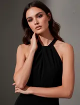 Enterito largo de crepe color rojo, con escote halter anudado y pierna ancha. Presenta bolsillos delanteros y abertura en la espalda con cierre invisible y botón.