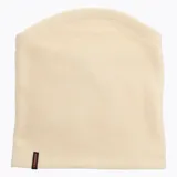 Cuello térmico de polar color beige, diseñado para protección contra el frío. Cuenta con una etiqueta lateral con el logo de la marca Merrell.