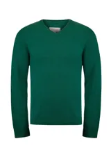 Sweater de cashmere color verde oscuro, de manga larga y cuello en V con borde en contraste.