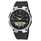 Reloj Casio modelo AW80-1AVDF con diseño analógico-digital, esfera negra, caja plateada de resina y correa de goma negra.