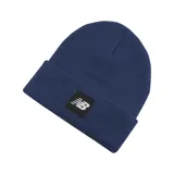 Gorro de lana azul marino con dobladillo y logo de New Balance bordado en etiqueta negra.