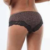 Shorty de microfibra con estampado animal print, detalle de encaje negro en los bordes y banda elástica superior en tono dorado.