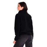 Buzo polar negro de mujer, marca Caterpillar. Tiene cierre de tres botones en el cuello y logo de la marca bordado en el pecho.