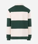 Chomba de manga larga con cuello polo y cierre frontal con botones. Presenta un diseño de rayas horizontales anchas en bloques de color verde y beige. Confeccionada en tejido de algodón de alta calidad.