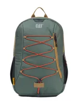 Mochila urbana y de senderismo marca Caterpillar, color verde con detalles en naranja y marrón. Presenta un diseño ligero en tejido ripstop hexagonal, con cordón elástico frontal para almacenamiento, bolsillos laterales de malla, compartimento principal con bolsillo interior y logo reflectante.