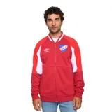 Campera deportiva Umbro del Club Nacional de Football, color rojo con mangas blancas y detalles en azul. Presenta cierre frontal, cuello tipo bomber, logo de Umbro bordado en el pecho y escudo del club.