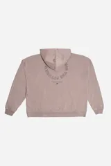 Canguro de felpa color beige con capucha ajustable, bolsillo tipo canguro y puños. Presenta un estampado frontal con texto en azul que incluye "WE ARE BUILDING THE FUTURE" y "RUNNING FOR THE FUTURE".