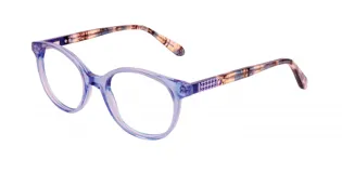 Armazón para lentes Barbie modelo 019, color violeta con detalles estampados en las patillas.