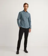 Camisa de corte slim con estampado de cuadros pequeños en tonos azul y verde. Presenta cuello camisero, cierre frontal con botones y mangas largas con puños abotonados.