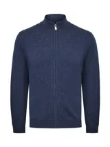 Sweater de punto color azul índigo, con cuello alto y cierre frontal completo. Presenta puños y ruedo acanalados, ofreciendo un diseño clásico y versátil.