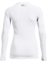 Remera térmica de manga larga Under Armour CG Authentics Crew para mujer, en color blanco, de corte ajustado y diseño liso con cuello redondo y el logotipo de la marca impreso en el pecho.
