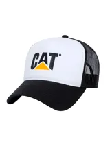 Gorro tipo trucker de color blanco y negro, con visera curvada y red trasera. Cuenta con el logo de la marca CAT impreso en el frente y broche de ajuste en la parte posterior.
