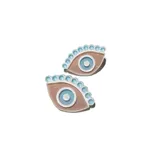 Par de aros con forma de ojo turco, con centro celeste, iris marrón con glitter y borde con pequeñas esferas celestes.