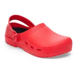 Zueco Birkenstock modelo Birki Air 2.0, color rojo vibrante, fabricado en poliuretano resistente. Presenta un diseño ergonómico con correa trasera ajustable y suela antideslizante, ideal para uso profesional o casual.