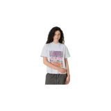 Remera oversize gris melange de manga corta y cuello redondo, con estampado gráfico frontal de estilo vintage tipo cartel publicitario con los textos "EMESTUDIOS", "ONLY GOOD VIBES ALLOWED", "JOIN OUR CREW?" y "CALL ME:".