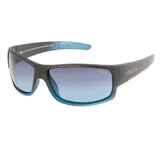 Lentes de sol deportivos MDQ modelo Queñi, con armazón envolvente en color negro mate y detalles en azul translúcido. Presentan cristales degradados en tono azulado y logo de la marca en las patillas.