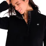 Buzo polar negro de mujer, marca Caterpillar. Tiene cierre de tres botones en el cuello y logo de la marca bordado en el pecho.