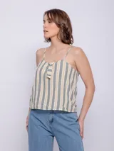 Top de algodón con estampa de rayas verticales en azul, blanco y rojo, con tirantes finos regulables y detalle de nudo en el escote.