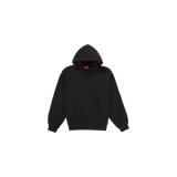 Hoodie Supreme modelo Satin Applique Hooded Sweatshirt de color negro, con capucha ajustable con cordones, bolsillo estilo canguro en la parte frontal y puños y dobladillo acanalados.