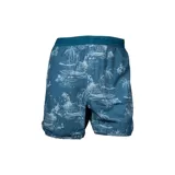 Short de baño azul con estampado de palmeras y casas.