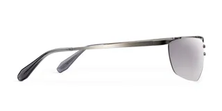 Lentes de sol con diseño envolvente y montura de acero inoxidable color plata. Presentan una barra superior metálica pulida que sujeta las lentes mediante remaches, con lentes de nylon en degradado gris y patillas con terminación en acetato.