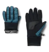 Guantes deportivos Columbia con tecnología termorreflectante Omni-Heat y tratamiento repelente Omni-Shield. Presentan diseño acolchado en color azul con palma reforzada en negro, puños elásticos y compatibilidad con pantallas táctiles.