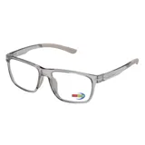 Anteojos de receta MDQ modelo T44, con armazón de acetato transparente en tono gris y patillas con detalle de marca grabado.