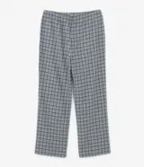 Pantalón de pijama masculino de franela con estampado de cuadros grises y negros, cintura elástica y lazo ajustable.