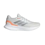 Championes de running Adidas Runfalcon 5 para mujer, color blanco con detalles en gris y naranja. Presentan un upper de malla transpirable, mediasuela Cloudfoam para amortiguación y suela Adiwear para tracción.
