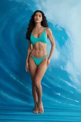 Bikini color turquesa con textura acanalada. El top es de estilo triangular con breteles finos y la bombacha es de corte tanga con tiras laterales ajustables mediante argollas metálicas.