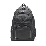 Mochila de tela técnica color negro con múltiples compartimentos con cierre, bolsillos laterales y logo circular de la marca en el frente.