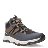 Championes de trekking Merrell modelo Soren, de corte alto tipo botita. Presentan una combinación de colores gris y marrón, con estructura robusta, refuerzos sintéticos en la puntera y laterales, y suela con relieve para mayor tracción.