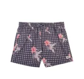Short de baño negro con estampado de lunares grises y flores rosadas.